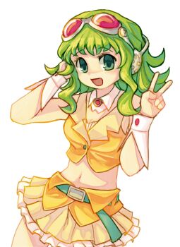 Rule 34 | 1girl, goggles, goggles on head, green eyes, green hair, gumi, headphones, headset, highres, looking at viewer, minakott, navel, open mouth, red-tinted eyewear, red goggles, short hair, short hair with long locks, simple background, skirt, tinted eyewear, v, vocaloid, white background