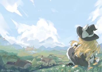 1girl artist_name black_bow black_hat black_shoes black_skirt blonde_hair bow braid building cloud dated day facing_away hair_bow hat hat_bow hat_ribbon kirisame_marisa long_hair outdoors ribbon shijiu_(shizuoxing) shoes side_braid signature single_braid sitting skirt solo touhou white_bow white_ribbon witch_hat wrist_cuffs