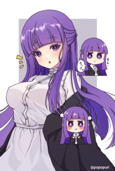 1girl artist_name black_coat blunt_bangs blunt_ends blush_stickers breasts chibi chibi_inset coat commentary dress fern_(sousou_no_frieren) half_updo highres large_breasts long_hair looking_at_viewer off_shoulder open_clothes open_coat parted_lips popo_(popopuri) pout purple_eyes purple_hair sousou_no_frieren translation_request twitter_username upper_body white_dress