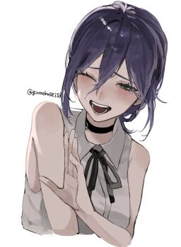 1girl artist_name black_choker black_ribbon chainsaw_man choker ginmokusei53 green_eyes grenade_pin highres neck_ribbon pull_cord reze_(chainsaw_man) ribbon shirt signature sleeveless sleeveless_shirt solo twitter_username upper_body