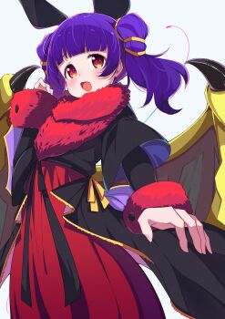 1girl :d absurdres black_shirt blue_background commentary_request commission dragon_wings fire_emblem fire_emblem:_the_sacred_stones fur-trimmed_sleeves fur_trim hand_up highres long_sleeves looking_at_viewer myrrh_(fire_emblem) myrrh_(halloween)_(fire_emblem) nintendo okota_mikan open_mouth purple_hair red_eyes red_skirt shirt simple_background skeb_commission skirt sleeves_past_wrists smile solo twintails wings yellow_wings
