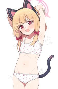 1girl anba_kohaku animal_ear_headphones animal_ears armpits arms_behind_head arms_up blonde_hair blue_archive blush bow bra breasts cat_ear_headphones cat_ears cat_tail cowboy_shot fake_animal_ears hair_bow halo headphones highres loli looking_at_viewer momoi_(blue_archive) open_mouth panties polka_dot polka_dot_bra polka_dot_panties simple_background small_breasts smile solo standing steaming_body stomach tail underwear underwear_only white_background white_panties