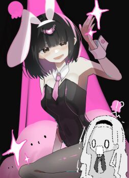 animal_costume animal_ears black_hair black_hairband blonde_hair brown_eyes flirting greyscale hairband highres joshikiaru kirarazaka_marina kuze_shizuka monochrome necktie pantyhose rabbit_costume rabbit_ears rabbit_girl scar scar_on_face sparkle_background surprised takopii takopii_no_genzai wide-eyed yuri