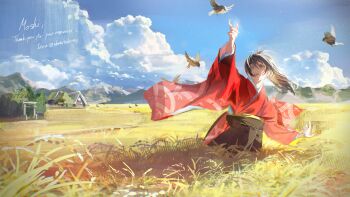 1girl absurdres animal arm_up bird black_hair black_skirt blue_sky brown_eyes building cloud commentary commentary_request commission cropped_legs day english_commentary english_text field flower grass hakama hakama_skirt highres japanese_clothes kimono long_hair long_sleeves mixed-language_commentary mountainous_horizon original outdoors red_kimono scenery shadow skeb_commission skirt sky slice_of_life solo standing thank_you torii ubwmitekure