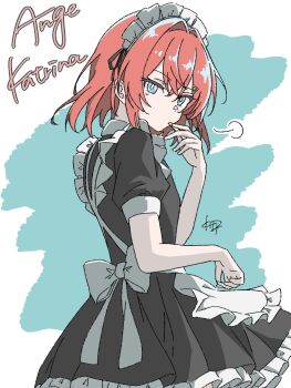 1girl alternate_costume ange_katrina apron aqua_background back_bow black_dress blue_eyes bow bright_pupils character_name cigarette commentary_request cowboy_shot crossed_bangs dress enmaided frilled_apron frilled_dress frills from_behind hair_between_eyes hair_ornament hand_up highres holding holding_cigarette kirisame_oo looking_at_viewer looking_back maid maid_headdress medium_hair nijisanji orange_hair puff_of_air puffy_short_sleeves puffy_sleeves short_dress short_sleeves signature solo triangle_hair_ornament turning_head unlit_cigarette_in_mouth virtual_youtuber waist_apron white_apron white_background white_bow white_headdress white_pupils