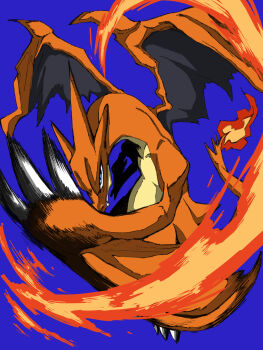 Rule 34 | aqua eyes, blue background, charizard, claws, closed mouth, commentary request, dragon, dragon wings, fangs, fire, flame-tipped tail, gen 1 pokemon, highres, mega charizard y, mega pokemon, motion blur, nintendo, no humans, pokemon, pokemon (creature), pokemon focus, simple background, slashing, tail, user hmrm3822, wings