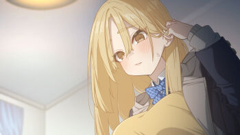 1girl alternate_breast_size_(larger) aobara_hairi blazer blonde_hair blue_bow blue_bowtie bow bowtie breasts ceiling_light check_commentary checkered_bow checkered_bowtie checkered_clothes collared_shirt commentary_request from_below hair_between_eyes highres indoors jacket lapels large_breasts long_hair looking_at_viewer nijisanji official_alternate_costume parted_lips pov shirt sister_claire sister_claire_(8th_costume) solo tucking_hair vignetting virtual_youtuber white_shirt yellow_eyes