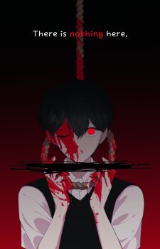 Rule 34 | 1boy, ;(, b hong, black background, black hair, black sweater vest, blood, blood on face, blood on hands, buttons, chromatic aberration, closed mouth, collared shirt, commentary, double-parted bangs, english commentary, english text, film grain, frown, gradient background, hair behind ear, hair between eyes, hands up, highres, holding, holding rope, male focus, nose, official alternate eye color, omori, one eye closed, pale skin, red background, red eyes, rope, scar, scar across eye, scar on face, shirt, short hair, short sleeves, simple background, solo, spoilers, straight-on, sunny (omori), sweater vest, two-tone background, upper body, upturned eyes, very short hair, vignetting, white shirt