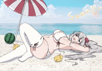 1girl arm_behind_head armpits azur_lane beach beach_umbrella bikini blue_eyes breasts eruuu140 flower food from_side fruit grey_hair hair_flower hair_ornament illustrious_(azur_lane) knee_up large_breasts long_hair lying manjuu_(azur_lane) mole mole_under_eye navel ocean on_back open_mouth outdoors plump skindentation sky solo swimsuit thick_thighs thighhighs thighs umbrella watermelon white_bikini white_thighhighs