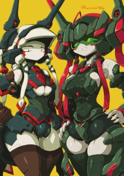2girls absurdres breasts cleavage helmet highres humanoid_robot joints kuruton486 mecha mechanical_arms mechanical_hair medium_breasts metal_hair multiple_girls no_humans no_mouth original robot robot_girl robot_joints simple_background thighhighs thighs underboob yellow_background zettai_ryouiki