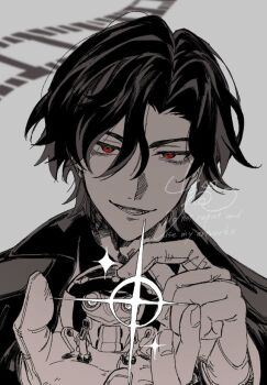 1boy artist_name coat commentary_request curtained_hair film_strip glint gloves hair_between_eyes honkai:_star_rail honkai_(series) long_sleeves looking_at_viewer male_focus monochrome mr._reca_(honkai:_star_rail) non-humanoid_robot open_mouth partially_fingerless_gloves red_eyes robot robot_animal short_hair signature simple_background smile solo sparkle spot_color upper_body yamaneko_(1074)