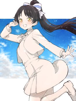 1girl :d arm_up black_hair blue_sky blush bow breasts collared_shirt commentary dress dress_shirt floating_hair foot_out_of_frame greyscale_with_colored_background hair_bow hazuki_ren high_ponytail highres jacket katsuragi_(webmaster909) letterboxed light_particles long_hair long_sleeves looking_at_viewer love_live! love_live!_superstar!! medium_breasts neck_ribbon open_clothes open_hand open_jacket open_mouth outside_border pinafore_dress pleated_dress ponytail ribbon school_uniform shirt short_dress sky sleeveless sleeveless_dress smile solo spot_color striped_bow twitter_username white_bow winter_uniform yellow_eyes yuigaoka_school_uniform