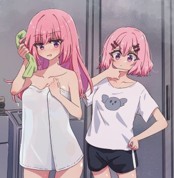 2girls absurdres amaori_haruna amaori_renako bite_mark bite_mark_on_neck black_shorts blush commentary hand_on_own_hip hashtag-only_commentary hickey highres holding holding_towel incest krill55 long_hair medium_hair multiple_girls naked_towel open_mouth pink_hair purple_eyes shirt shorts siblings sisters towel watashi_ga_koibito_ni_nareru_wake_naijan_murimuri! wet wet_hair white_shirt yuri