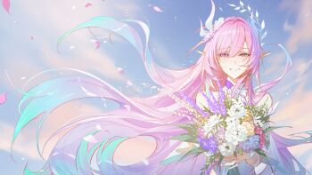 1girl absurdres artist_name bare_shoulders blue_hair blue_sky bouquet commentary cyrene_(honkai:_star_rail) cyrene_(ripples_of_past_reverie)_(honkai:_star_rail) day earrings english_commentary flower gradient_hair hair_flower hair_intakes hair_ornament highres holding holding_bouquet honkai:_star_rail honkai_(series) jewelry long_hair looking_at_viewer mr_goblin multicolored_hair outdoors pink_eyes pink_hair pink_petals pointy_ears purple_flower sad_smile sidelocks single_earring sky solo straight-on upper_body very_long_hair wind