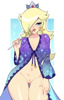 Rule 34 | 1girl, 2026, 20s, blonde hair, blue eyes, blue nightgown, blue pajamas, blush, breasts, collarbone, crown, earrings, hair over one eye, hand on own thigh, holding, holding wand, jewelry, lace-trimmed nightgown, lace trim, large breasts, long hair, looking at viewer, mario (series), nail polish, navel, nightgown, nintendo, nipples, open mouth, pajamas, princess, print nightgown, print pajamas, pubic hair, purple nails, pussy, rosalina, see-through clothes, see-through nightgown, sparkle, sparkle print, standing, star (symbol), star earrings, super mario galaxy, teeth, wand, white background, zeshgolden