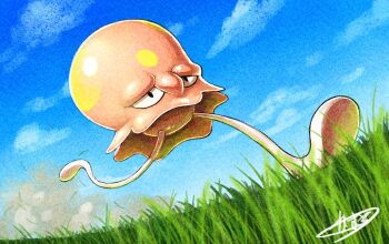 Rule 34 | black eyes, blue sky, cloud, commentary request, day, from below, grass, kaosu (kaosu0905), nintendo, no humans, outdoors, pokemon, pokemon (creature), pokemon focus, running, signature, sky, solo, toedscool