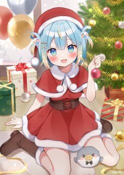 1girl :3 :d blonde_hair blue_eyes blue_hair blunt_bangs blush boots box brown_boots brown_corset capelet character_request christmas christmas_ornaments christmas_tree commentary_request copyright_request corset double-parted_bangs dress fish_hair_ornament full_body fur-trimmed_boots fur-trimmed_capelet fur-trimmed_dress fur-trimmed_headwear fur_trim gift gift_box gradient_hair hair_ornament hat highres holding looking_at_viewer multicolored_hair open_mouth red_capelet red_dress red_hat santa_costume santa_dress santa_hat short_hair signature sitting smile solo tobio_illust two_side_up virtual_youtuber wariza x_hair_ornament