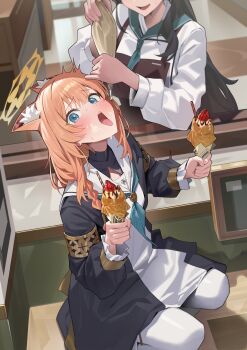 2girls absurdres animal_ear_fluff animal_ears aqua_neckerchief armlet black_coat blue_archive blue_eyes blush cat_ears cat_girl coat commentary dress dual_wielding food gold_armlet halo highres holding holding_pastry_bag jewelry long_hair long_sleeves looking_at_viewer mari_(blue_archive) multiple_girls muo_(muojjang_0929) neckerchief open_clothes open_coat open_mouth orange_hair pastry_bag sailor_collar sailor_dress solo_focus taiyaki untranslatable_commentary wagashi white_sailor_collar yellow_halo