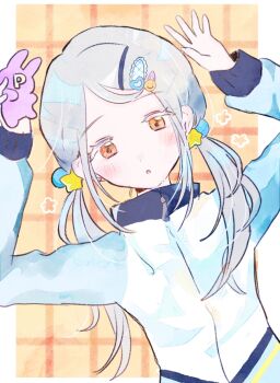 1girl :o aoshirota arms_up blue_jacket blush border colored_eyelashes commentary_request dutch_angle gakuen_idolmaster green_jacket grey_hair hair_bobbles hair_ornament hairclip highres holding idolmaster jacket lone_nape_hair long_hair looking_at_viewer multicolored_hair_bobbles multicolored_jacket open_mouth orange_eyes outside_border p-head_producer producer_(idolmaster) shinosawa_hiro swept_bangs track_jacket twintails upper_body white_border zipper