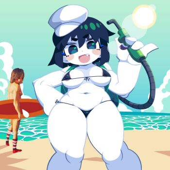 Rule 34 | 1boy, 1girl, :d, areola slip, beach, bikini, black bikini, black hair, blush, breasts, cloud, colored skin, commentary request, cookie (touhou), day, fang, feet out of frame, green eyes, hat, holding, lens flare, looking at viewer, manatsu no yo no inmu, medium breasts, milk (cookie), murasa minamitsu, navel, ocean, open mouth, outdoors, sailor hat, sand, short hair, smile, solo focus, standing, swimsuit, takuya (acceed), tonchamon san, touhou, white skin
