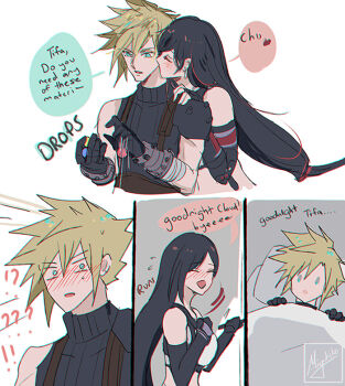! !! !? 1boy 1girl ? ?? bare_shoulders black_gloves black_hair blonde_hair blue_eyes blush breasts cloud_strife commentary crop_top earrings english_commentary english_text final_fantasy final_fantasy_vii final_fantasy_vii_remake flying_sweatdrops gloves heart jewelry kiss kissing_cheek large_breasts long_hair lying materia meme miyukiko motion_lines on_back ribbed_sweater sequential short_hair signature sleeveless sleeveless_turtleneck speech_bubble spiked_hair surprise_kiss surprised surprised_pikachu_(meme) suspenders sweatdrop sweater tank_top tifa_lockhart turtleneck turtleneck_sweater under_covers upper_body white_tank_top