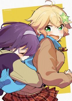2girls bafarin blonde_hair blue_scarf blurry blush breasts brown_jacket closed_eyes gabriel_dropout green_eyes hair_ornament headscarf highres hug jacket kurona_mei long_hair looking_at_another medium_breasts multiple_girls open_mouth purple_eyes red_skirt scarf school_uniform short_hair skirt surprised sweat tapris_chisaki_sugarbell twitter_username upper_body
