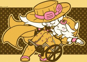 Rule 34 | 2boys, ^ ^, blush, chibi, chibi only, closed eyes, commentary, couple, english commentary, goggles, goggles on headwear, grin, gyro zeppeli, hat, johnny joestar, jojo no kimyou na bouken, long hair, m a a m 8, male focus, medium hair, multiple boys, sitting, smile, star (symbol), star symbol background, steel ball run, twitter username, wheelchair, wide brim, yaoi, yellow theme