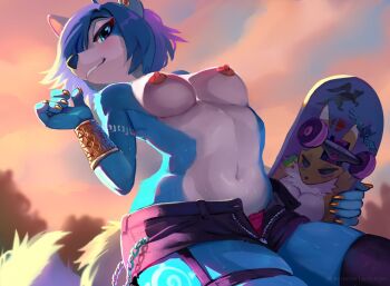 1girl animal_ears blue_eyes blue_hair breasts clothes digimon fox_ears fox_girl fox_tail furry furry_female green_eyes krystal nintendo nude renamon short_hair skateboard skeleion star_fox star_fox_adventures super_smash_bros. tail