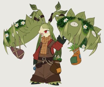 1other big_hair brown_pants brown_scarf carnivine clothed_pokemon colored_skin extra_mouth flower full_body gen_3_pokemon gen_4_pokemon green_skin highres living_hair long_hair looking_at_viewer mawile moss multicolored_skin nintendo open_mouth pants plant_hair pokemon pokemon_(creature) red_eyes red_shirt scarf seripu sharp_teeth shirt sidelocks simple_background solo standing suspenders teeth two-tone_skin waving white_background white_flower yellow_skin