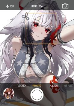 1girl animal_ear_fluff animal_ears arm_support arm_up armlet bare_shoulders black_hair black_shoes blush breasts china_dress chinese_clothes clover clover_hair_ornament commentary dress droopy_ears english_commentary fromabisu gradient_hair hair_ornament hairband head_tilt highres jewelry large_breasts leg_tattoo long_hair looking_at_viewer multicolored_hair parted_lips red_eyes red_hair selfie shoes silver_armlet simple_background smile solo taking_picture tattoo very_long_hair viewfinder white_background white_dress white_hair white_hairband ye_shunguang zenless_zone_zero