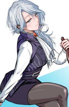 1girl absurdres ascot blue_eyes blue_skirt blue_vest bottle breasts commentary hair_over_shoulder highres holding holding_bottle kumanosigenium1 large_breasts long_hair long_sleeves looking_at_viewer low_ponytail mature_female medium_skirt pantyhose parted_bangs ponytail rwby shirt simple_background sitting skirt vest white_ascot white_background white_hair white_shirt willow_schnee