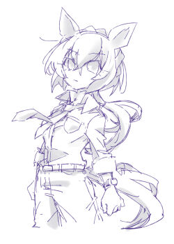 1girl animal_ears beer_hsk belt belt_buckle braid buckle collared_shirt commentary_request cowboy_shot cropped_legs crown_braid dress_shirt greyscale hair_between_eyes horse_ears horse_girl horse_tail kin'iro_ryotei_(umamusume) long_hair long_sleeves low_ponytail monochrome necktie pants ponytail shirt simple_background sketch solo tail umamusume very_long_hair watch white_background wristwatch