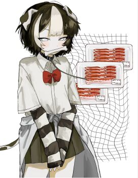 1girl animal_collar bacon black_hair black_skirt blush bone bow bowtie collar cowboy_shot dalmatian dog_girl dog_tail food grid highres hiro_016016 kemonomimi_mode layered_sleeves leash long_sleeves looking_at_viewer loose_bowtie miniskirt mouth_hold multicolored_hair original pleated_skirt recurring_image red_bow red_bowtie shirt short_hair short_over_long_sleeves short_sleeves simple_background skirt solo standing streaked_hair striped_sleeves tail v-shaped_eyebrows v_arms white_background white_eyes white_hair white_shirt