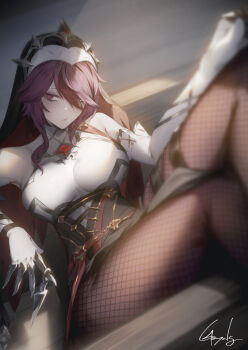 Rule 34 | 1girl, bare shoulders, breasts, closed mouth, elbow gloves, fishnet pantyhose, fishnets, genshin impact, genyaky, gloves, highres, large breasts, looking at viewer, medium hair, pantyhose, purple eyes, purple hair, purple pantyhose, rosaria (genshin impact), signature, solo, thighs, veil, white gloves