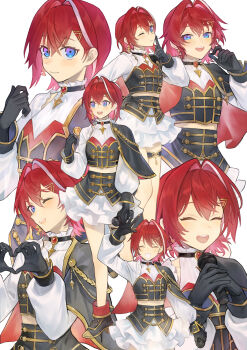 1girl aiguillette akiakiyo ange_katrina ankle_boots black_boots black_cape black_gloves black_shirt black_skirt blue_eyes boots cape clothing_cutout commentary_request crossed_bangs earrings finger_to_cheek flat_chest frilled_shirt_collar frilled_skirt frills gloves gold_earrings gold_trim gradient_eyes hair_behind_ear hair_between_eyes hair_intakes hair_ornament hand_on_own_hip headset heart heart_hands high-waist_skirt high_heels highres holding holding_microphone idol_clothes jewelry layered_shirt layered_skirt long_sleeves medium_hair microphone midriff miniskirt multicolored_eyes multicolored_hair multiple_views nijisanji nijisanji_idol_uniform puffy_long_sleeves puffy_sleeves purple_eyes red_cape red_hair shirt shoulder_cutout simple_background single_earring skirt sleeve_cuffs smile streaked_hair thigh_strap triangle_earrings triangle_hair_ornament two-sided_cape two-sided_fabric two-tone_hair virtual_youtuber white_background white_hair white_shirt white_skirt wireless_microphone