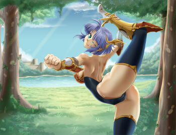 1girl ;p anander0 armor armored_boots ass bare_shoulders bikini_armor blue_sky boots bracer breasts cameltoe castle cloud commentary commission commissioner_upload day english_commentary flexible forest grass groin high_heels highleg highleg_leotard highres holding_own_leg lake langrisser langrisser_ii leg_hold leg_up leotard looking_at_viewer nature one_eye_closed outdoors revealing_clothes sherry_(langrisser) sky solo standing standing_on_one_leg strapless strapless_leotard stretching thighhighs thighs thong_leotard tiara tomboy tongue tongue_out tree vambraces