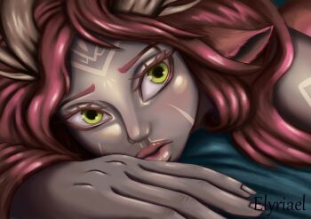 1girl animal_ears antlers blush brown_hair closed_mouth deer_antlers deer_ears deer_girl elyriael facepaint fantasy faun green_eyes horns long_hair looking_at_another non-web_source original red_hair solo watermark