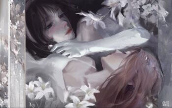 Rule 34 | 2girls, adjusting earrings, alien stage, anirrie, artist name, black hair, commentary, earrings, english commentary, flower, gloves, hairband, highres, jewelry, lily (flower), mizi (alien stage), multiple girls, pink hair, rotational symmetry, sua (alien stage), white flower, white gloves, white hairband, white lily