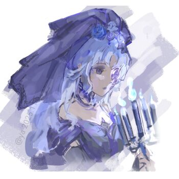 1girl artist_name bare_shoulders black_dress black_gloves black_veil blue_eyes blue_fire blue_flower blue_hair blue_lips blue_rose bridal_veil bride bukeyisese40877 candle candlestand chinese_commentary closed_mouth commentary_request cropped_torso dress elbow_gloves expressionless eyelashes fire flower gloves grey_background hair_flower hair_ornament holding holding_candle infinity_nikki light_frown lipstick long_hair looking_at_object makeup nameless_selfless_(infinity_nikki) nikki_(series) off-shoulder_dress off_shoulder one_eye_covered pointy_nose puffy_short_sleeves puffy_sleeves rose short_sleeves sidelocks solo two-tone_background veil wavy_hair wedding_dress white_background