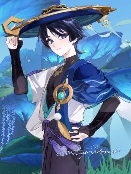 1boy anemo_symbol_(genshin_impact) aqua_gemstone arm_at_side armor black_bodysuit black_bow black_bridal_gauntlets black_hair black_shorts blue_cape blue_hat blue_kimono blue_sky blue_sleeves blunt_ends bodysuit bow bridal_gauntlets bright_pupils cape clear_sky cnorkie eyeliner eyeshadow feathers furisode gem genshin_impact gold gold_ring grass hand_on_own_hip hand_up hat highres japanese_armor japanese_clothes jingasa juban kimono kote kurokote layered_sleeves looking_at_viewer makeup male_focus mandarin_collar middle_ring open_clothes open_kimono outdoors pale_skin plant pom_pom_(clothes) purple_eyes purple_rope purple_sash red_eyeliner red_eyeshadow rope sash scaramouche_(genshin_impact) short_sleeves shorts sky smile solo tassel toned toned_male twitter_username upper_body wanderer_(genshin_impact) white_kimono white_pupils white_sleeves white_trim wispy_bangs yellow_feathers