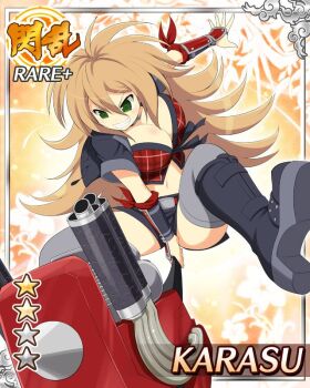 1girl arm_guards black_boots black_coat black_shorts boots border breasts brown_hair card_(medium) character_name cleavage coat crop_top cropped_coat electric_guitar english_text game_cg green_eyes grey_thighhighs grin guitar instrument jumping karasu_(senran_kagura) large_breasts long_hair looking_down midriff navel official_art plaid_clothes plaid_vest red_vest senran_kagura senran_kagura_new_wave shorts skindentation smashing_guitar smile solo swinging_instrument thighhighs vest