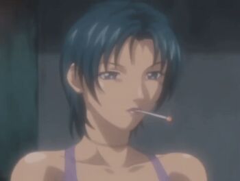 00s 1boy 1girl 2008 alley animated animated_gif aqua_hair attempted_rape bible_black bible_black:_restored breasts censored chocker dark_alleyway delinquent earrings from_behind jewelry knife lipstick lowres makeup mohawk mole mole_under_eye purple_vest short_hair smoke smoking tagme vest wristband