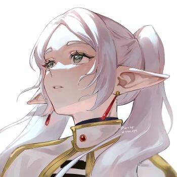 1girl artist_name capelet commentary earrings elf english_commentary eyelashes frieren gold_trim green_eyes hair_over_shoulder highres jewelry long_pointy_ears looking_up parted_bangs parted_lips pointy_ears shirt simple_background solo sousou_no_frieren striped_clothes striped_shirt teardrop_earrings twintails twitter_username upper_body upward_angle_frieren_drawing white_background white_capelet white_hair zyaa