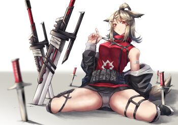 Rule 34 | 1girl, absurdres, animal ears, arknights, bandaid, bandaid on arm, bare shoulders, belt pouch, black jacket, black shoes, blurry, closed mouth, commentary, cutter (arknights), dagger, depth of field, fingernails, fox ears, fox tail, full body, grey hair, grey panties, grey tail, hair ornament, hairclip, harness, highres, jacket, jewelry, knife, kuromu, long sleeves, medium hair, necklace, off shoulder, open clothes, open jacket, panties, planted, planted sword, planted weapon, pouch, red eyes, red shirt, shirt, shoes, sidelocks, sitting, sleeveless, sleeveless shirt, solo, spread legs, sword, tail, thigh strap, topknot, turtleneck, underwear, wariza, weapon, white background, x hair ornament