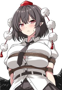 1girl arms_behind_back bdsm black_necktie black_skirt black_wings blush bondage bound breasts brown_hair button_gap cleavage closed_mouth collared_shirt commentary hat highres large_breasts looking_at_viewer medium_hair necktie pointy_ears pom_pom_(clothes) puffy_short_sleeves puffy_sleeves red_eyes red_hat rise_(rise19851203) shameimaru_aya shibari shibari_over_clothes shirt short_sleeves simple_background skirt solo sweatdrop tokin_hat touhou white_background white_shirt wings