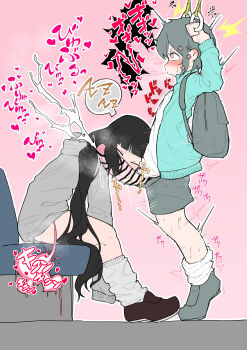 1futa 1girl =_= aqua_jacket backpack bag bar_censor black_bag black_hair black_shoes black_shorts blush brown_shoes censored cevio crossover cum ejaculation erection flower futa_with_female futanari grey_hoodie grey_socks hair_flower hair_ornament hand_grip heart holding_hand_grip hood hood_down hoodie inabakumori iyowa_girls jacket kiss kissing_penis kurari-chan_(iyowa) kyu-kurarin_(cevio) lagtrain_(vocaloid) long_hair loose_socks low_twintails medoshikorinda motion_lines osage_(nukunuku_nigirimeshi) outline penis penis_out pink_background pink_eyes pink_flower public_indecency shirt shoes shorts simple_background sitting socks sound_effects speech_bubble sweat train_interior twintails vocaloid white_outline white_shirt white_socks