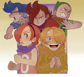 Rule 34 | 1girl, 4boys, bandaid, bandaid on face, blonde hair, blue eyes, blue hair, border, brother and sister, clenched teeth, commentary, curly eyebrows, dress, goggles, gradient border, green hair, hairband, highres, itzjazzyjazzin, looking at viewer, multiple boys, neckerchief, one piece, pink dress, pink hair, raincoat, red hair, sanji (one piece), short hair, siblings, sleeveless, sleeveless dress, smile, teeth, vinsmoke ichiji, vinsmoke niji, vinsmoke reiju, vinsmoke yonji, yellow raincoat