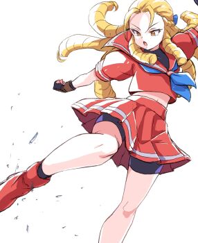 Rule 34 | 1girl, antenna hair, bike shorts, bike shorts under skirt, black gloves, blonde hair, bow, commentary request, drill hair, fingerless gloves, gloves, hair bow, hair pulled back, highres, ikaringo (ikaringo4444), kanzuki karin, long hair, looking down, neckerchief, pleated skirt, red serafuku, red skirt, school uniform, serafuku, skirt, solo, standing, standing on one leg, street fighter, street fighter zero (series), yellow eyes