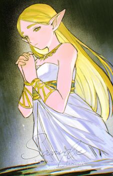 1girl artist_name bare_shoulders blonde_hair breasts closed_mouth cowboy_shot dress gold_bracer gold_necklace green_eyes hashtag-only_commentary highres jewelry long_dress long_hair medium_breasts mouyi necklace nintendo own_hands_clasped own_hands_together parted_bangs partially_submerged pointy_ears princess_zelda sample_watermark solo strapless strapless_dress the_legend_of_zelda the_legend_of_zelda:_breath_of_the_wild thick_eyebrows watermark white_dress