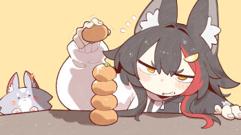 1girl animal_ears black_hair black_hoodie cocomayo29_(tomato) commentary_request food fruit hair_between_eyes hair_ornament highres holding holding_food hololive hood hoodie korean_commentary long_hair long_sleeves mandarin_orange miofa_(ookami_mio) multicolored_hair multicolored_hoodie official_alternate_costume ookami_mio ookami_mio_(hoodie) puffy_sleeves red_hair table teeth virtual_youtuber white_hoodie wolf_ears wolf_girl yellow_eyes